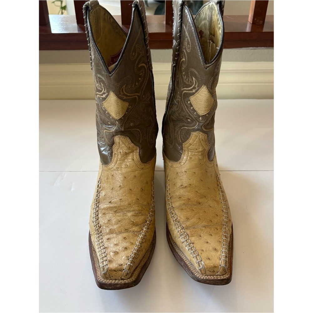 Red Diamond Mens Ostrich Leather Snip Toe Western Cowboy Boots Tan Brown Size 7